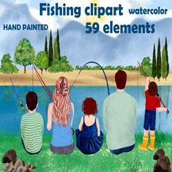Fishing clipart: "FAMILY FISHING" Father's day clipart Parents and kids fishing Fishing pole Lake Landscape Fishing grap