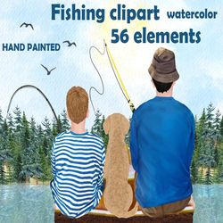 Fishing clipart: "BOY FISHING" Father's day clipart Dad and Boy fishing Rods Boat Dog Lake Landscape Father and son Cust
