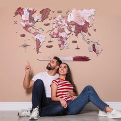 2D World Map Push Pins, Travel Map of the World, Modern Wall Art, Wedding 5th Anniversary Gift by Enjoy The Wood