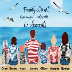 Family clipart: "PEOPLE CLIPART" People sitting Beach Landscape Dad Mom Children Watercolor people Siblings clipart Fami