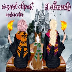 Wizard clipart: "GIRLS CLIPART" Wizard Girl Wizard Landscape Dog clipart Magic Wand Mug design Wizard sisters Wizard fri