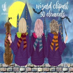 Wizard clipart: "GIRLS CLIPART" Wizard Girls Wizard Landscape Wizard Dog clipart Magic Wand Mug design wizard sisters wi