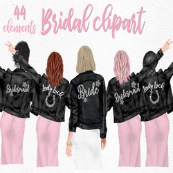 Wedding clipart: "BRIDESMAID CLIPART" Bride in Jackets Bride clipart Team Bride Black Jeans jackets Party Wedding dress