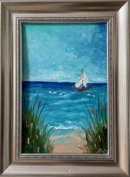 Sea Painting Original Art Seascape ArtworkImpasto Oil Painting On Cardboard California Beach Boat Painting Colorful Art