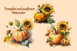 Pumpkin And Sunflower Watercolor