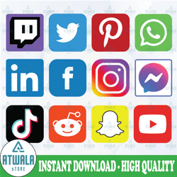 Social Media Network Icons 12 Logos | Facebook | Messanger | Instagram | Pinterest | Twitch | YouTube | Twitter | TikTok