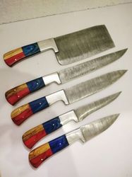 Exquisite 5-Piece Chef Set for Meat Cutting and Butchery - Handcrafted Patriot Edition Damascus Steel Knives