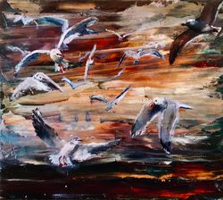 Seascape Seagulls Sunset Sea Oil painting on board 8 by 9 inch