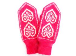 Women's mittens with hearts and birds hand knitted Norwegian winter mittens of merino wool Christmas gift for Her