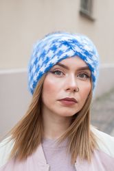 angora knitted headband. blue white head wrap
