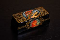 Black lacquer box with birds vintage collectible jewelry box