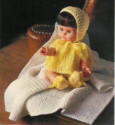 Vintage Doll Clothes Knitting Pattern PDF Baby Doll -Shawl Blanket Dress Bootees Bonnet Pants Vest, Size 12-16"