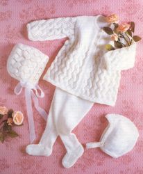 Baby Knitting Pattern, Baby's coat, leggings, bonnet and hat Matinee Pram Suit 18-20 inch, PDF Instant Download