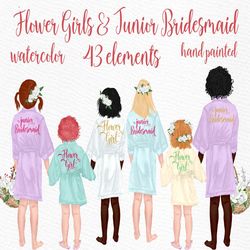 "Flower girl clipart: ""JUNIOR BRIDESMAID"" Wedding robes clipart Wedding clipart Little Girls clipart DIY invite weddin