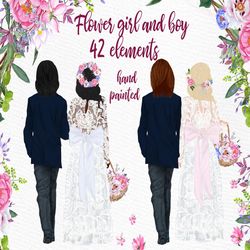 "Flower girl clipart: ""WEDDING CLIPART"" Page boy Bridal Shower Watercolor flowers Little Girls clipart DIY invites wed