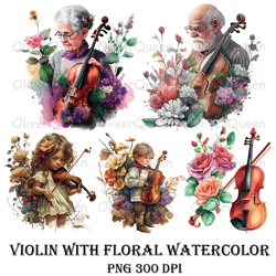 Violin with Floral Watercolor Art, Violin with Floral PNG, Violin PNG