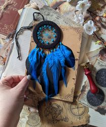 Handmade Turquoise Blue and Black Dream Catcher - Compact Feather Wall Decor, Perfect Birthday Gift