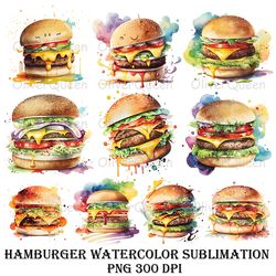 Hamburger Watercolor Sublimation Art, Hamburger PNG, Watercolor, Sublimation