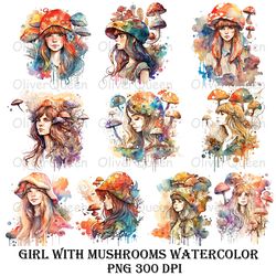 Girl with Mushrooms Watercolor Art, Girl with Mushrooms PNG, Girl PNG, Mushrooms