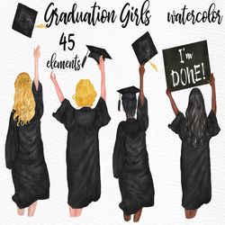 Graduation Clipart: "GRADUATING GIRLS" Watercolor girls Graduation Hat Graduation Toga Planner Stickers Hair Styles Grad