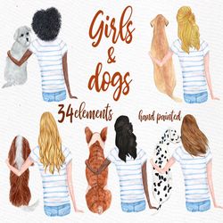 Best friends clipart: "DOGS CLIPART" Girl with dog Dog lover clipart dog mom clipart Pet clipart Watercolor girls Custom