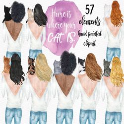 Girls and Cats Clipart: "GIRLS CLIPART" Cat Lover clipart Pet Clipart Custom cats Pet Lover Gift Girls With Cats Waterco