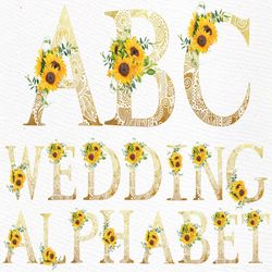 Floral Alphabet Clipart: "GOLD ALPHABET" Mandala Alphabet Wedding Clipart Floral Monogram Sunflowers Letters Wedding inv
