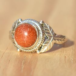 Gold stone Ring Women, Brown Gemstone Silver Ring, Gold Stone Handmade Ring, Crystal Sterling Silver Leaf Ring, Jewelry