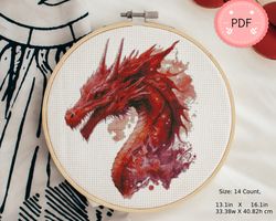 Watercolor Red Dragon, Cross Stitch Pattern ,Pdf Format,Instant Download,Asian Culture,Japanese Dragon,Japanese Style