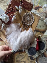 Delicate and Girly White Handmade Dream Catcher with Silver Glass Beads and Fluffy Feathers - Car Rear View Mirror charm