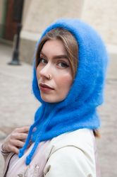 Angora fluffy hood. Blue knitted balaclava