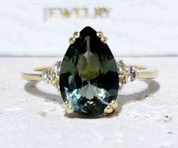Green Tourmaline Ring - Statement Ring - Gold Ring - Engagement Ring - Teardrop Ring - Cocktail Ring