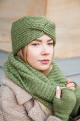 Mohair knitted headband. Green ear warmer. Wool knit headband