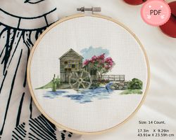 Watermill Watercolor Cross Stitch Pattern ,Pdf Format,Instant Download,Rural Landscape,X Stitch Chart