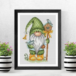 Spring gnome cross stitch pattern PDF, Birds cross stitch, Gnome with birdhouse, Gnome embroidery, Spring cross stitch