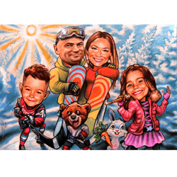 Family cartoon. Drawn in pastel and processed in Photoshop.