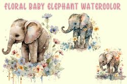 Floral Baby Elephant Watercolor