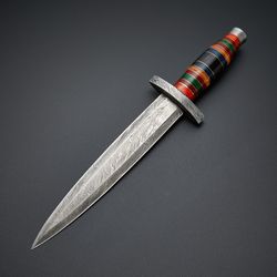 custom handmade Damascus steel dagger hunting knife with leather sheath handle black horn gift knife mk3651m