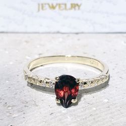 Red Garnet Ring - January Birthstone - Stacking Ring - Gemstone Ring - Engagement Ring - Slim Band - Teardrop Ring
