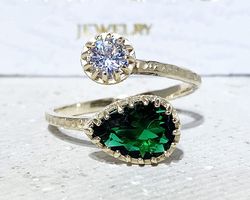 Emerald Ring - Dual Gemstone Ring - Two Birthstone Ring - May Birthstone - Gold Ring - Gemstone Ring - Hammered Ring