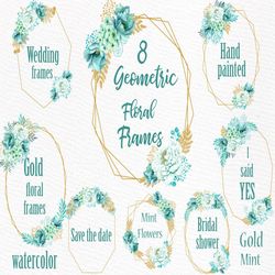 Geometric Frames clipart: "GOLD MINT FRAMES" Mint Watercolor Flowers Modern Floral Frame Wedding Clip Art Wedding floral