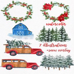 Watercolor Christmas Vintage Car clipart: "CHRISTMAS RETRO CAR" Pine Forest Christmas Wreaths Blue Farm House Winter lan