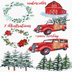 Watercolor Christmas Vintage Car clipart: "CHRISTMAS RETRO CAR" Pine Forest,Christmas Wreaths,Red Farm House,Winter land