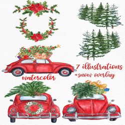 Watercolor Christmas Cars clipart: "CHRISTMAS BEETLE" Christmas Red Car Floral wreath Pine Tree forest Christmas Gifts H