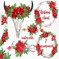 Watercolor Christmas Clipart: ""CHRISTMAS WREATHS"" Boho clipart,Poinsettias Flowers,Poinsettias Wreaths,Watercolor Arr