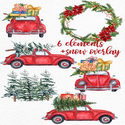 Watercolor Christmas Cars clipart: ""CHRISTMAS BEETLE"" Christmas Red Car Floral wreath Pine Tree forest Christmas Gift