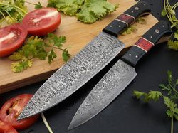 Damascus Kitchen Knife Set, Engraved Chef Knife, Handmade Custom Hand Forged Knife, Wood Best Gift for Her - Set of 2