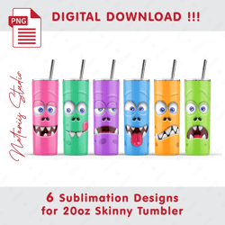 6 Funny Monsters Templates - Seamless Sublimation Patterns - 20oz SKINNY TUMBLER - Full Tumbler Wrap