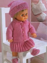 6-Piece Doll Outfit Clothes Vintage Knitting Pattern Cardigan Skirt Beret Shoes H 12-22'' Inch Instant Download PDF