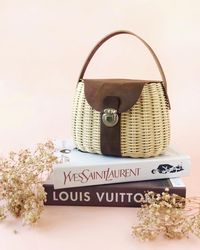 Miniature wicker rattan summer straw hand bag with leather - gift for her
